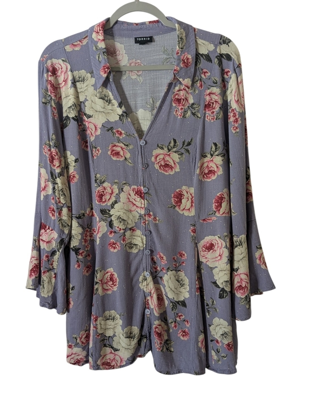 Torrid Fit And Flare Rayon Slub Button-Front Blouse Purple Floral